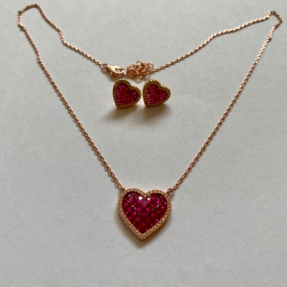 Ruby and rose colored heart necklace & Earrings